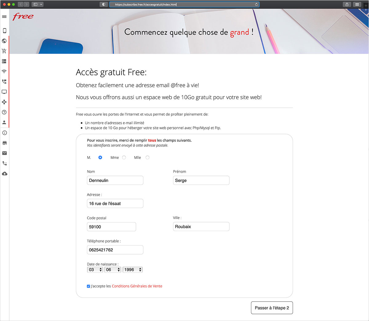 Accès gratuit Free, création d'un espace personnel, étape une