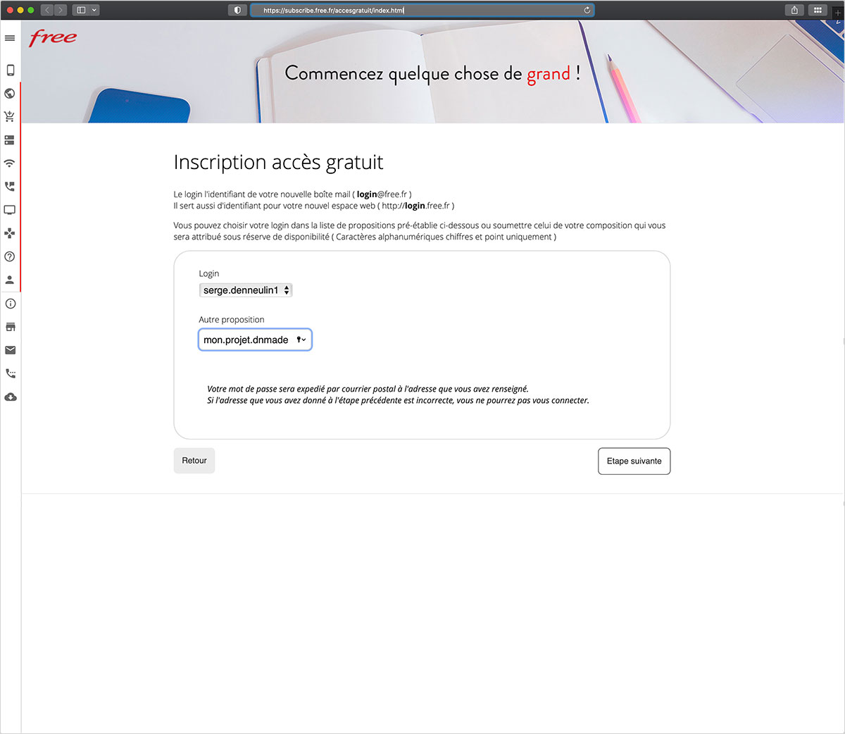 Accès gratuit Free, création d'un espace personnel, étape deux