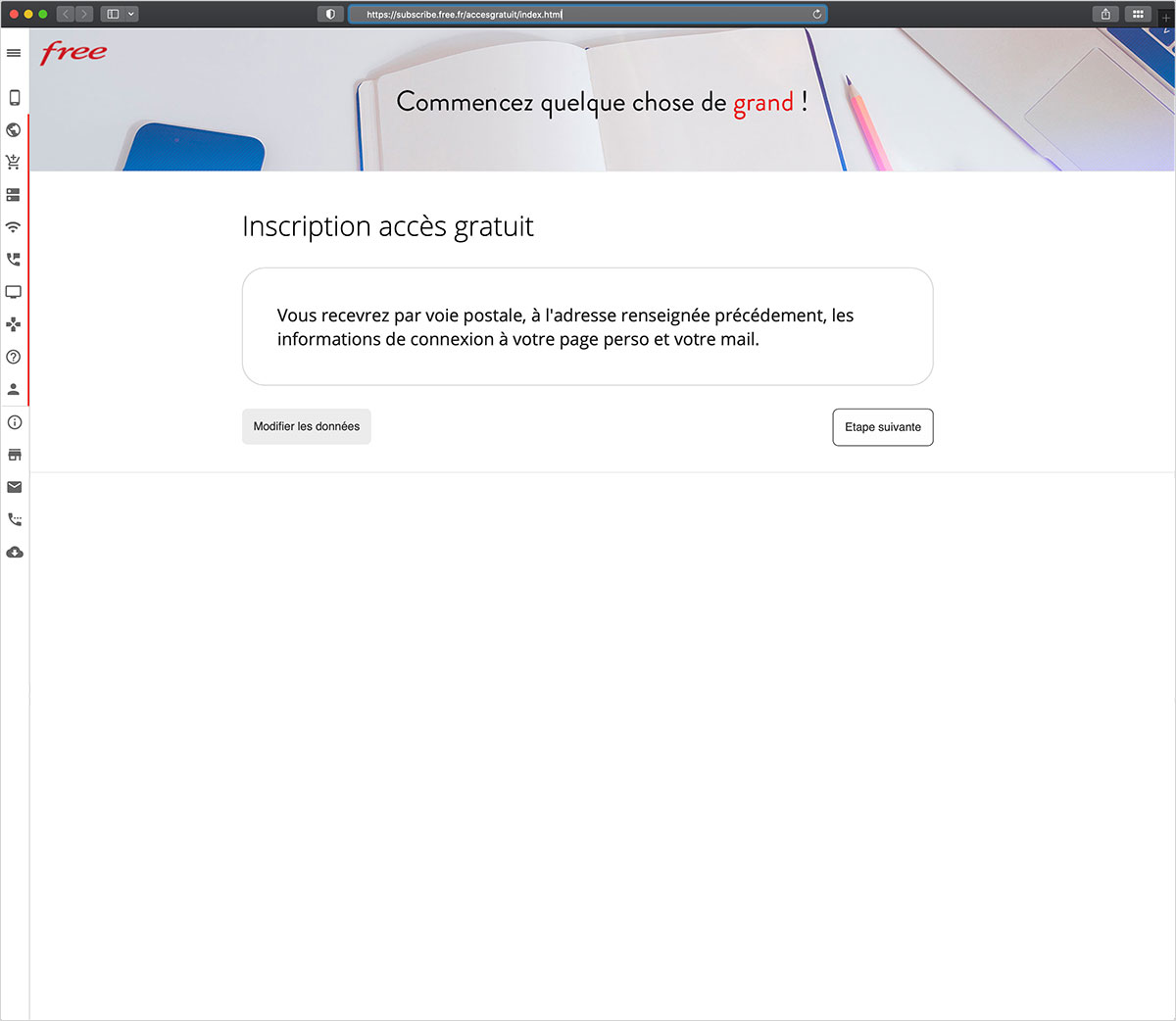 Accès gratuit Free, création d'un espace personnel, étape trois