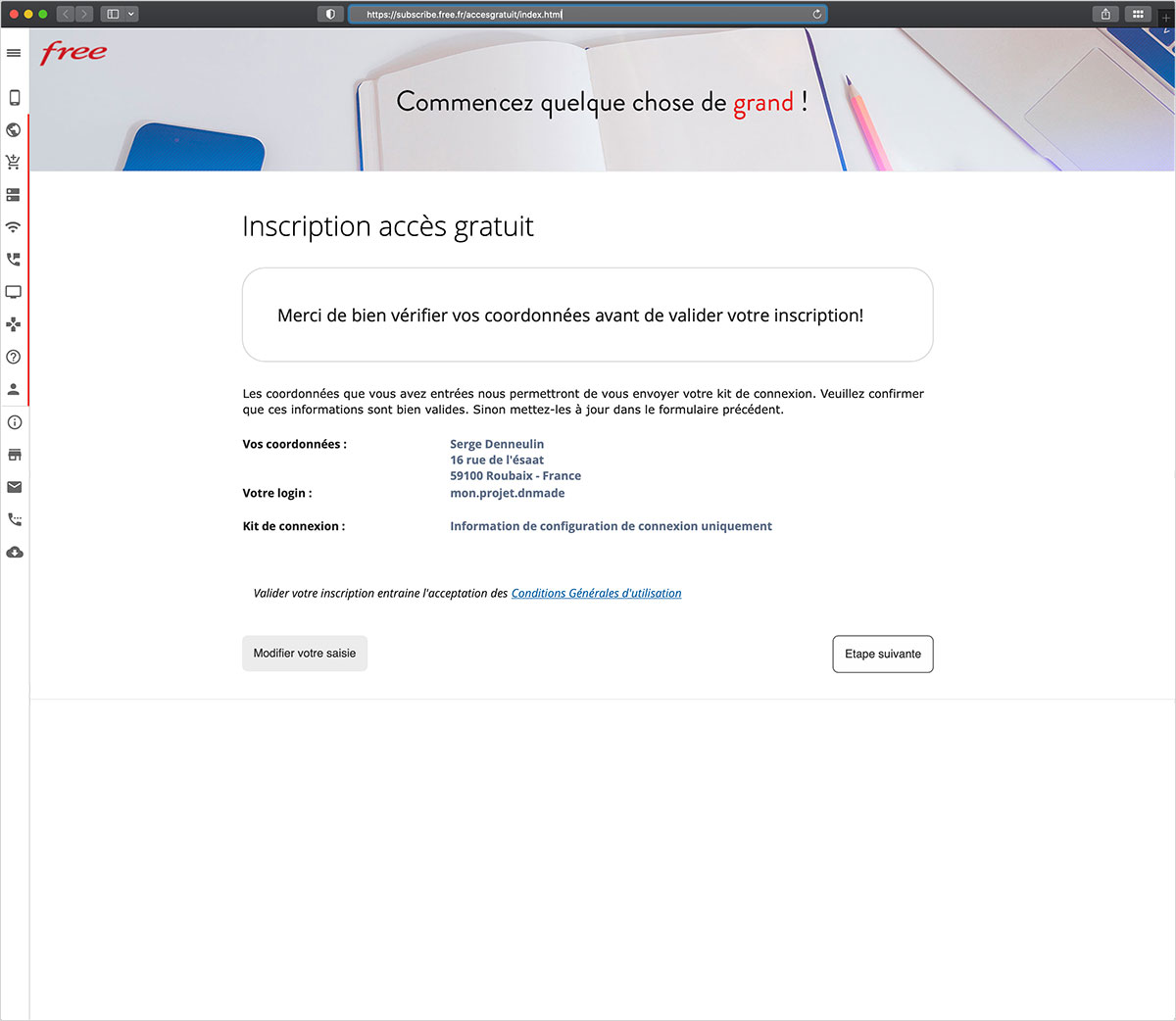Accès gratuit Free, création d'un espace personnel, dernière étape
