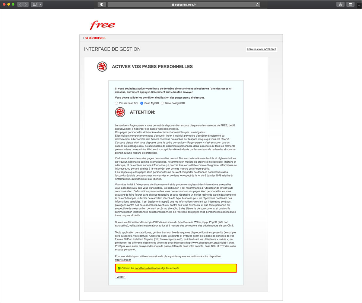 Free, activation du compte, étape six