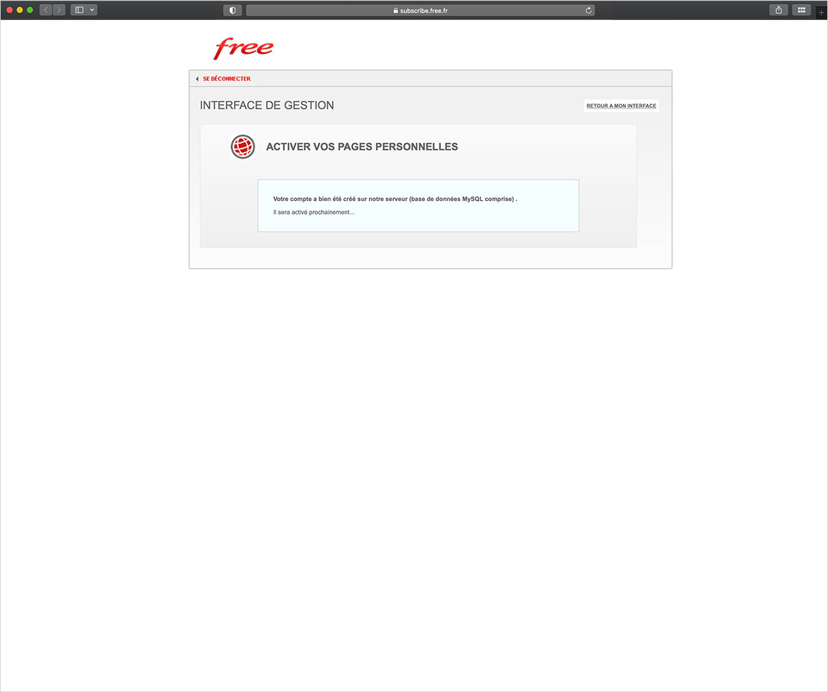 Free, activation du compte, étape huit