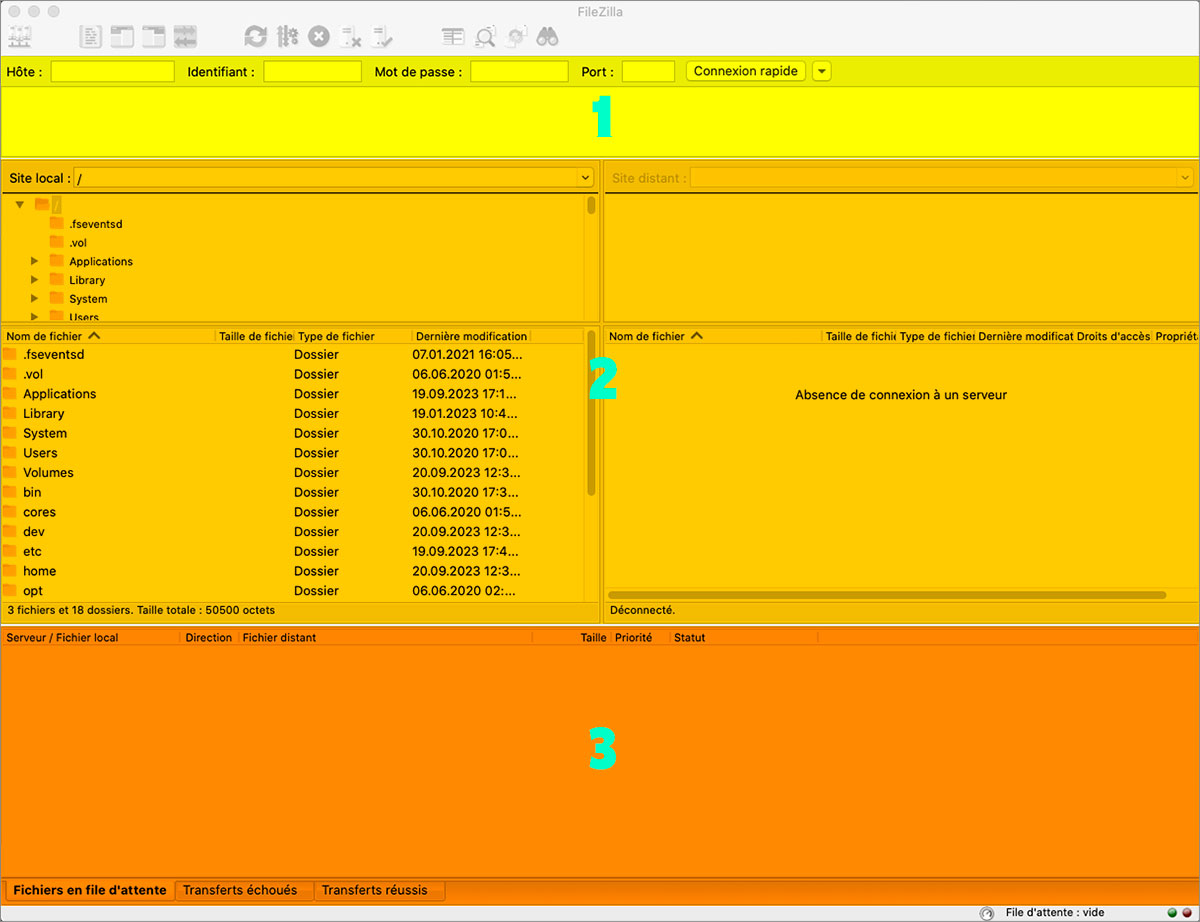 Filezilla, l'interface à l'ouverture du logiciel