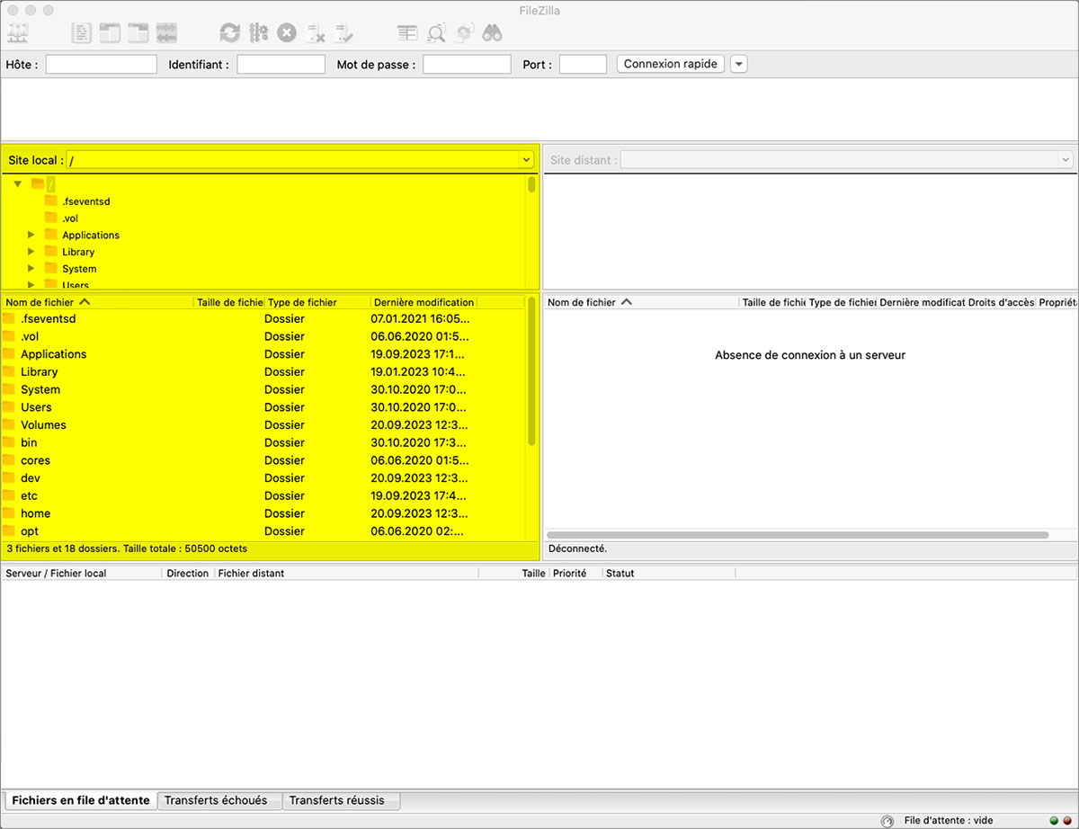 Filezilla, espace de visualisation du contenu du site local sur l'interface du logiciel