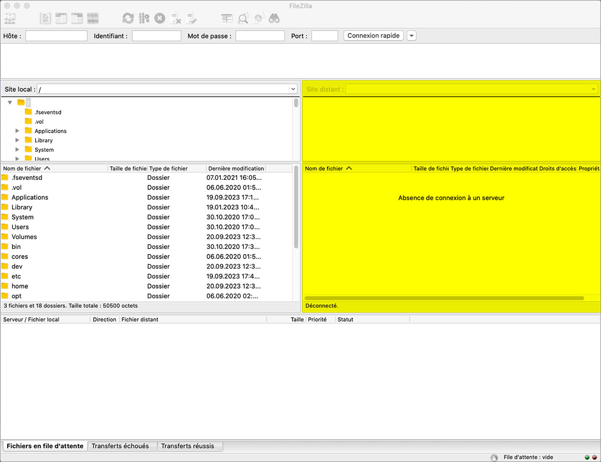 Filezilla, espace de visualisation du contenu du site distant sur l'interface du logiciel