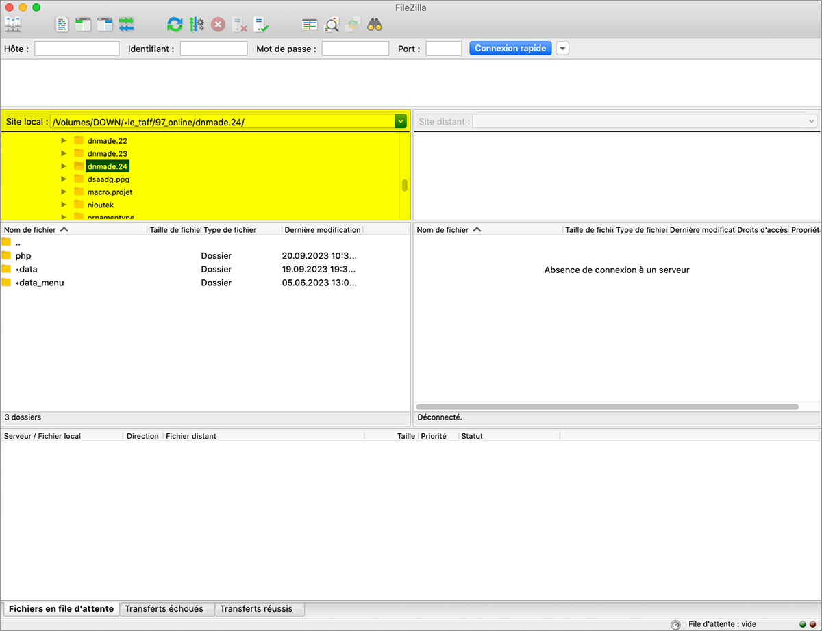 FilezillaFilezilla, espace de visualisation du contenu du site local sur l'interface du logiciel