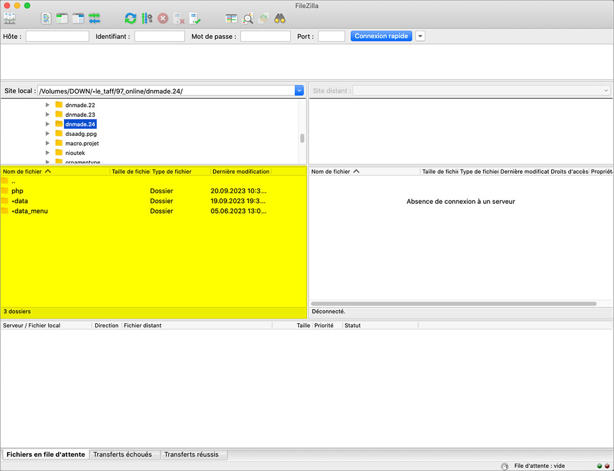 FilezillaFilezilla, espace de visualisation du contenu du site local sur l'interface du logiciel