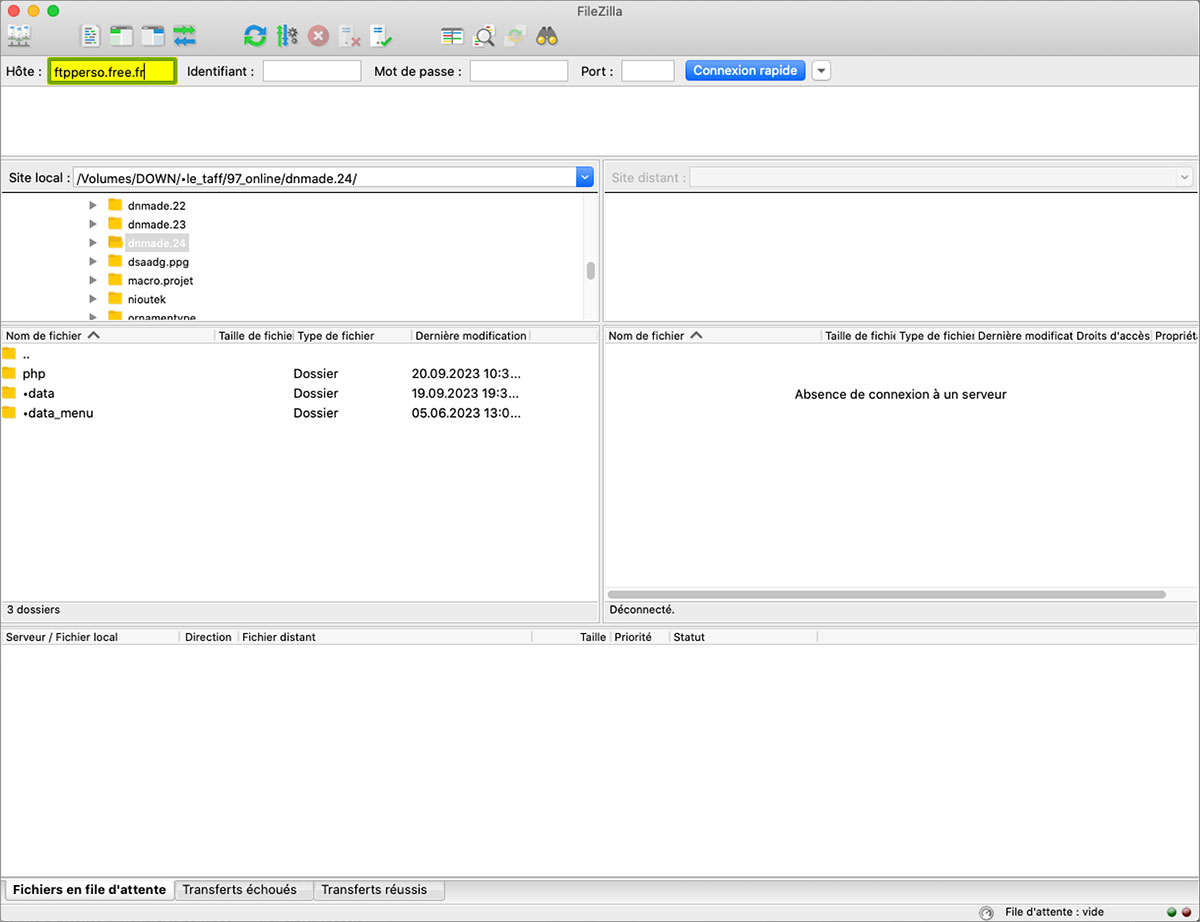 Filezilla, champs de saisie du nom de l'hôte FTP