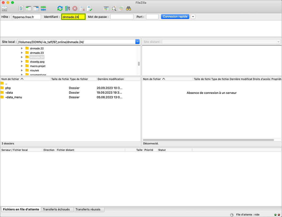 Filezilla, champs de saisie du nom de l'identifiant du site