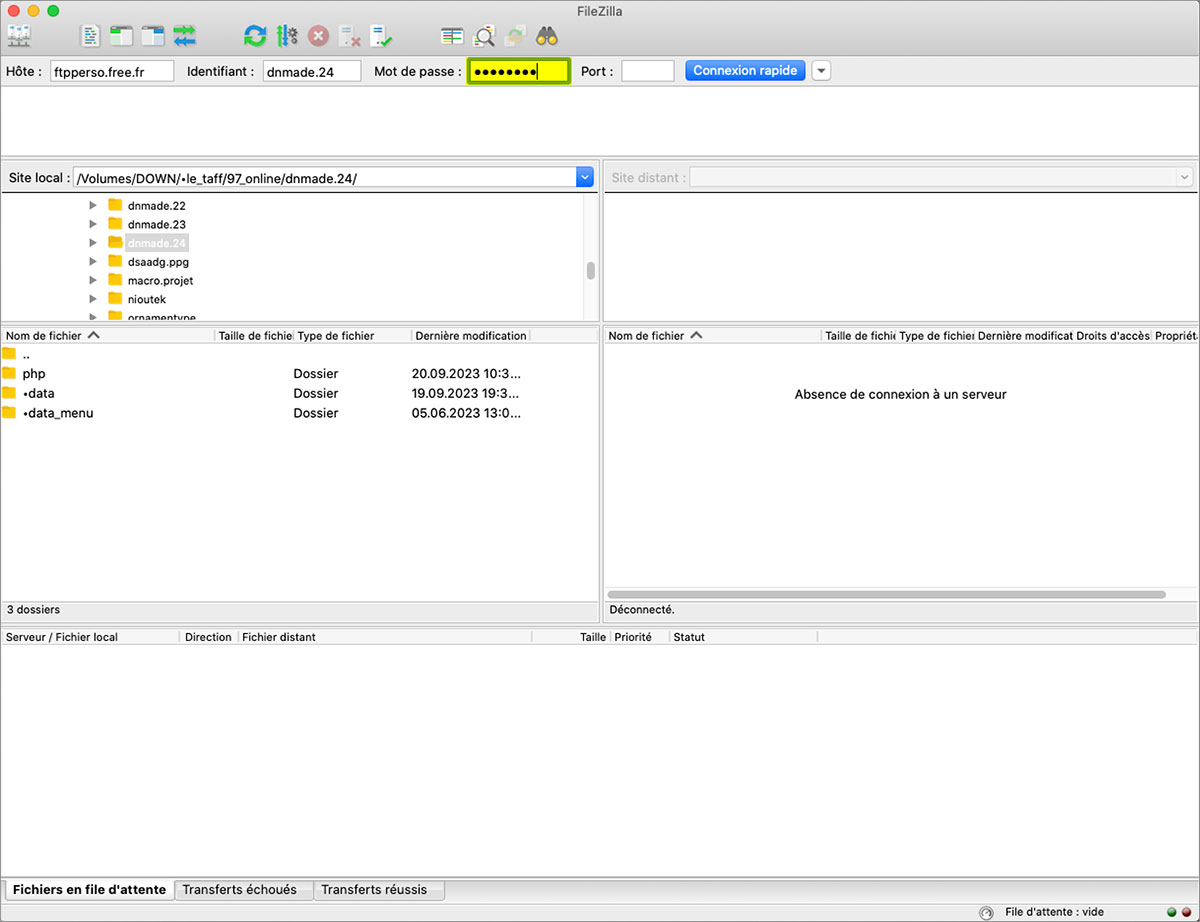 Filezilla, champs de saisie du mot de passe du site