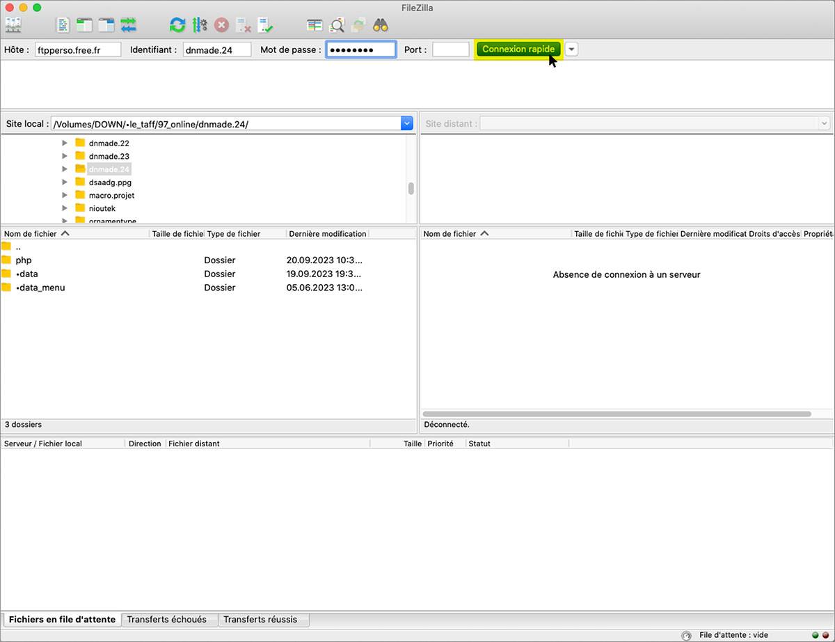 Filezilla, bouton de connexion rapide au serveur