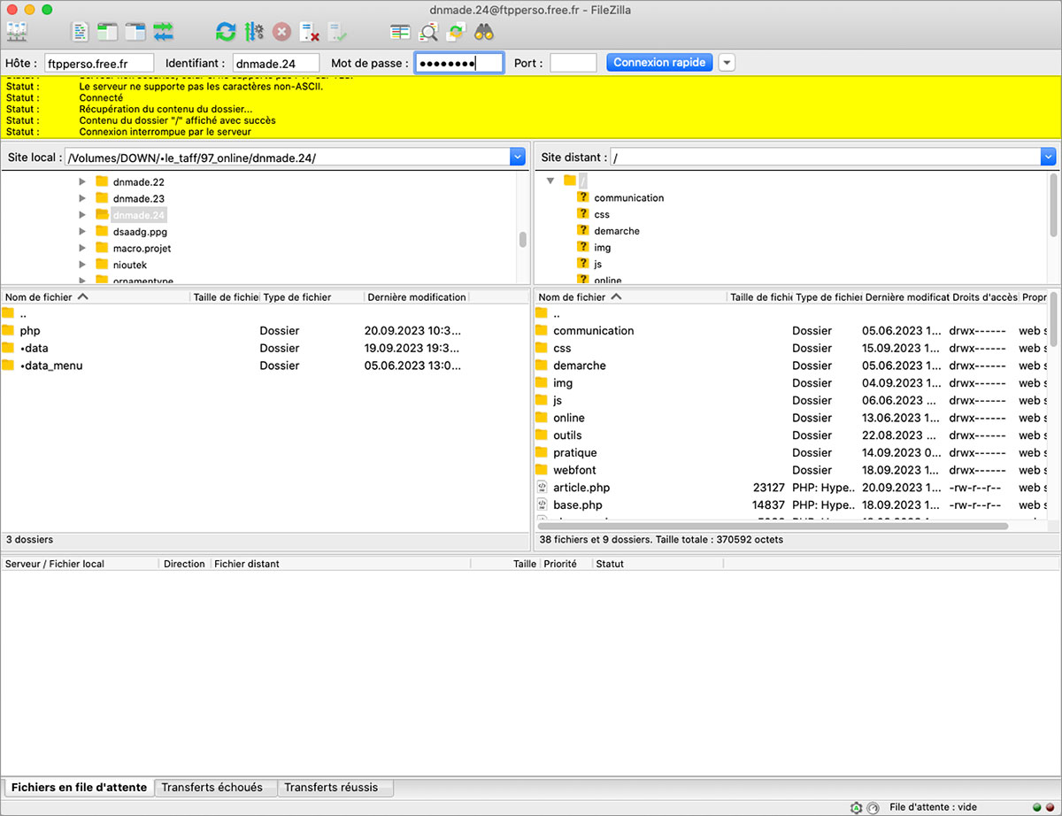 Filezilla, zone de statut de la connexion avec le serveur distant