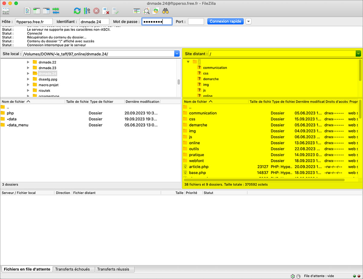 Filezilla, contenu du serveur distant