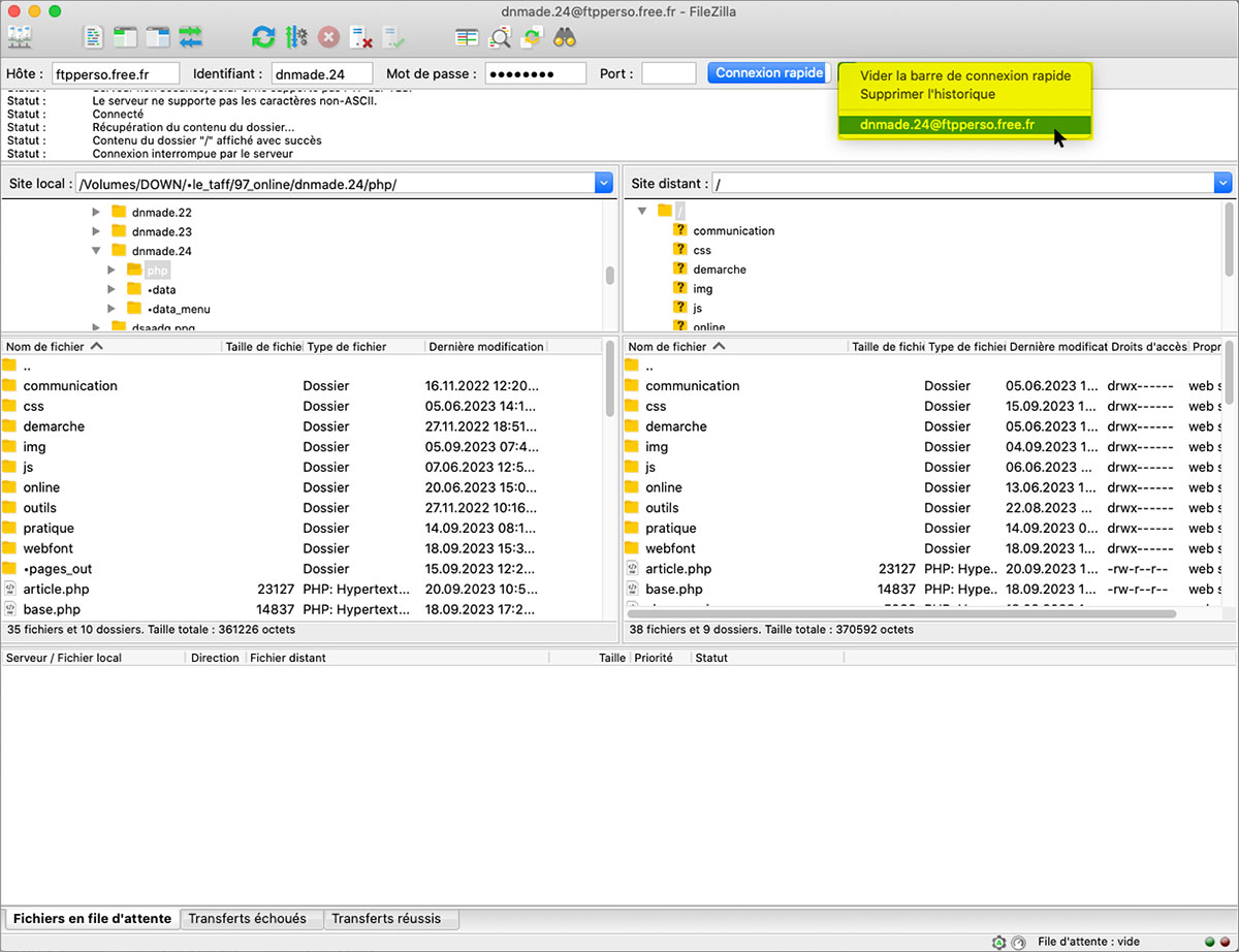 Filezilla, comment activer la connexion rapide