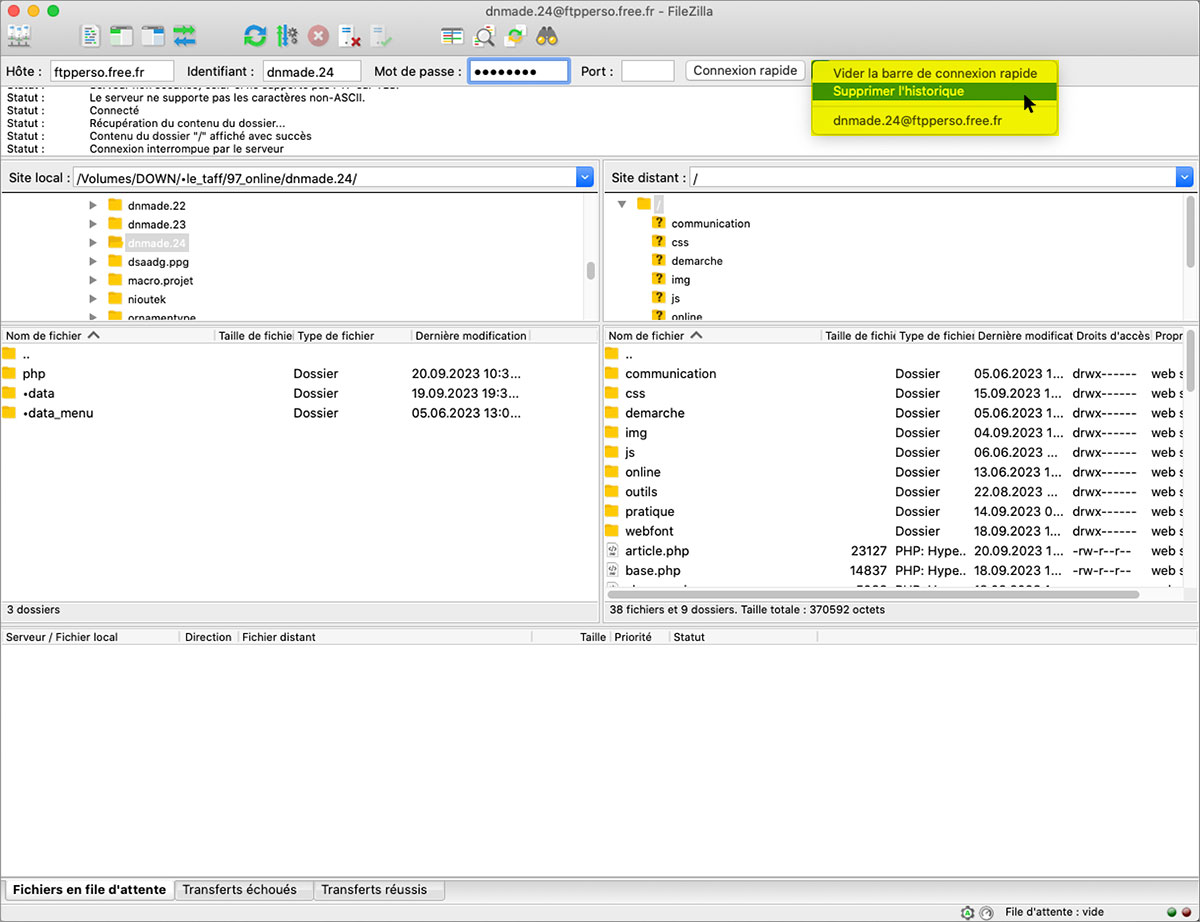 Filezilla, comment supprimer l'historique des connexions