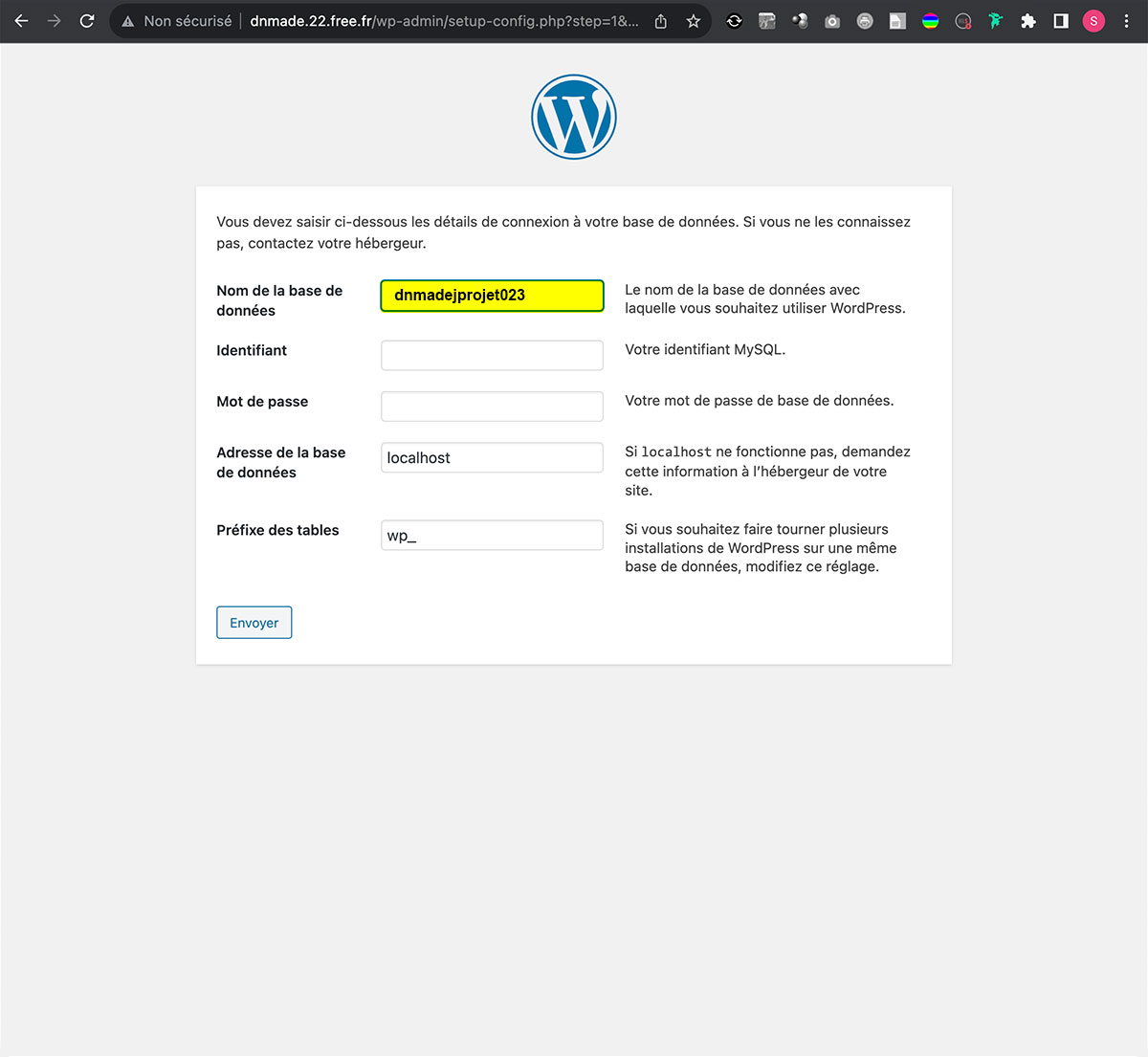 WordPress, activation du compte, étape deux