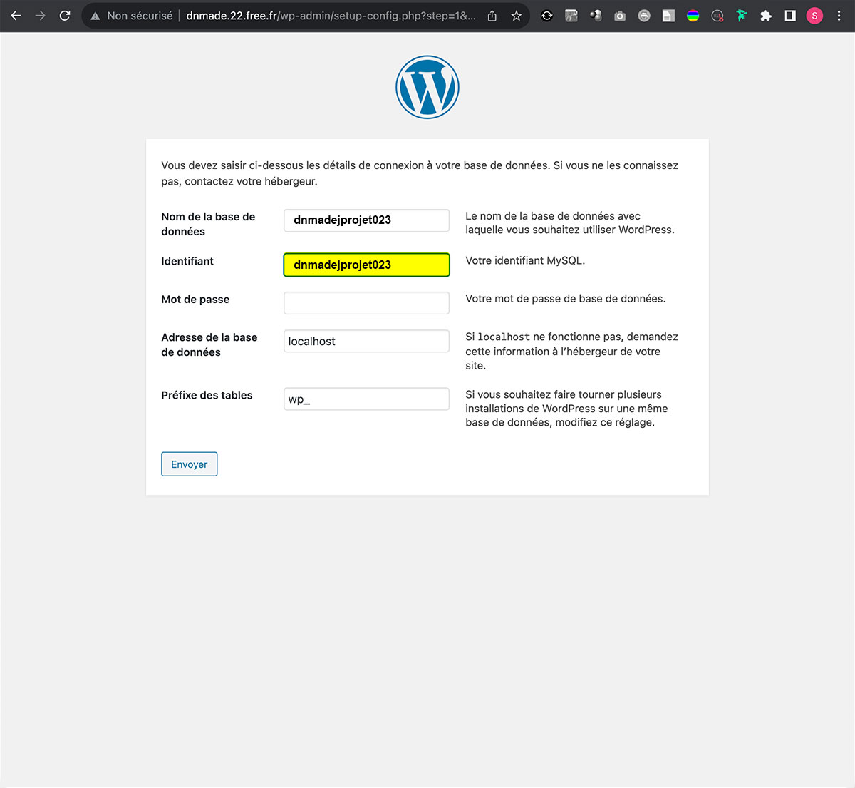 WordPress, activation du compte, étape trois