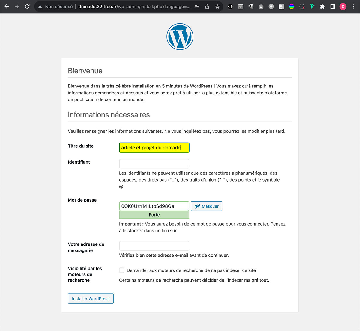 WordPress, activation du compte, étape six