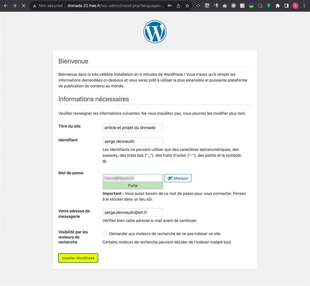 WordPress, activation du compte, étape dix