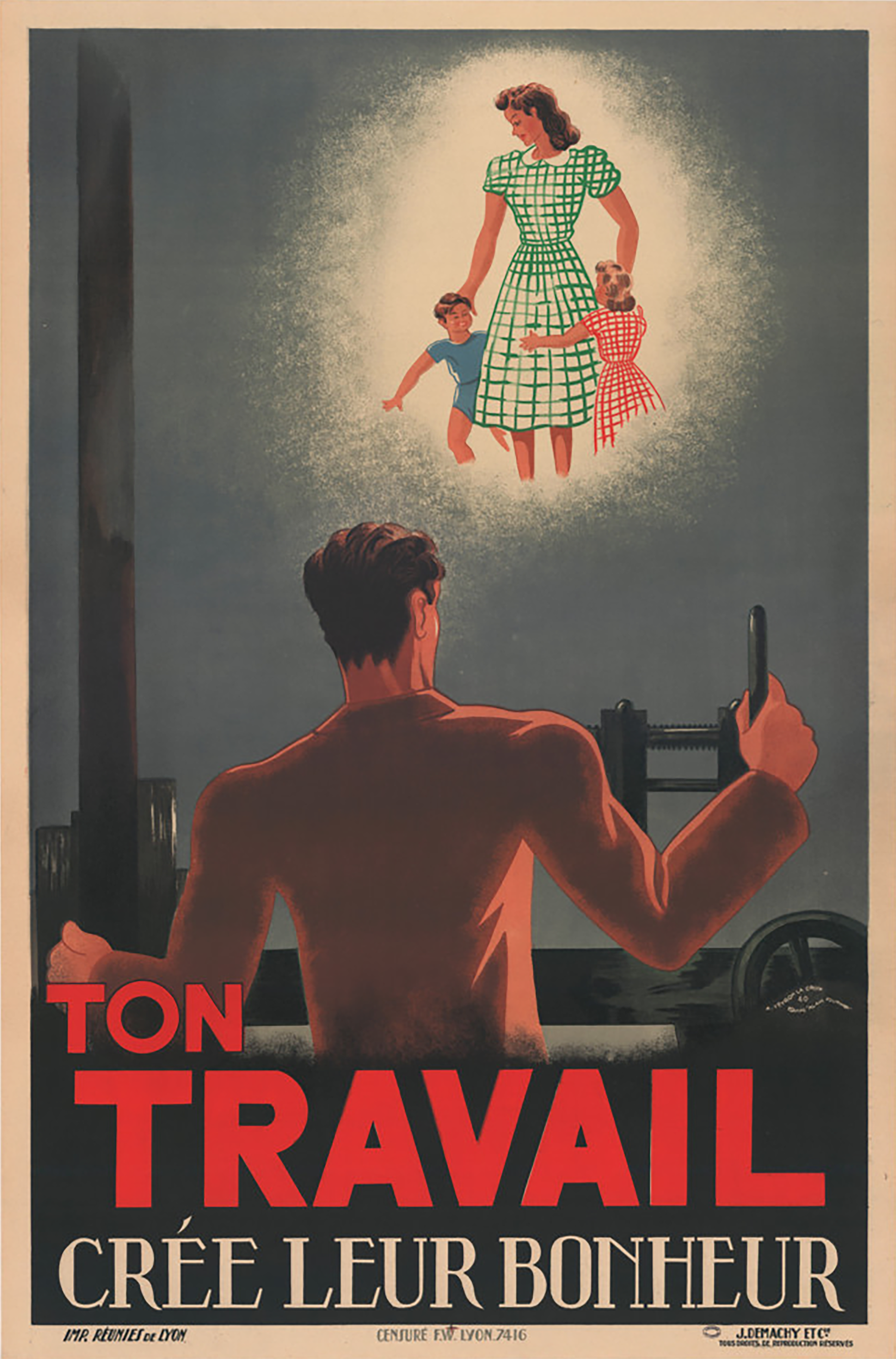 cette affiche de propagande patriotique qui atteste du comment un discours officiel, orienté par une certaine forme d’idéologie, finit par s’emparer de la réalité du travail pour valoriser l’effort de guerre, a été réalisée par l'atelier d'affichistes alain-fournier en 1940