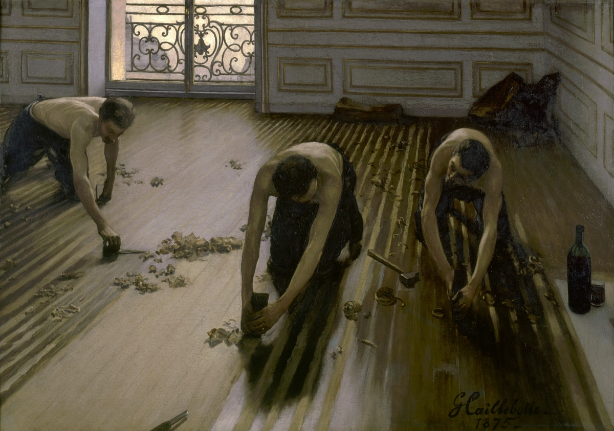 la peinture intitulée : raboteurs de parquet, réalisée par le peintre gustave caillebotte en 1875
