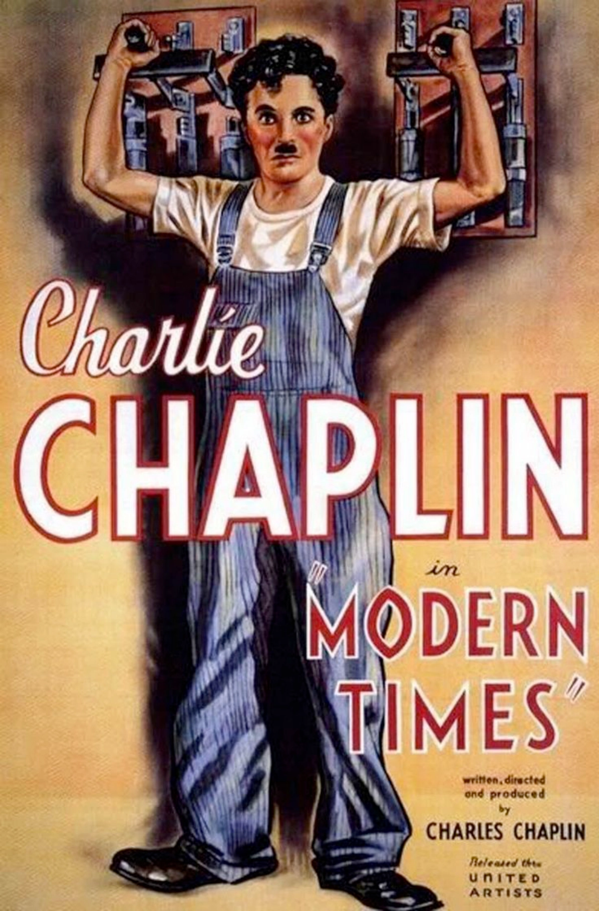 l'affiche du film : modern times ou les temps modernes réalisé par charlie chaplin, 1936