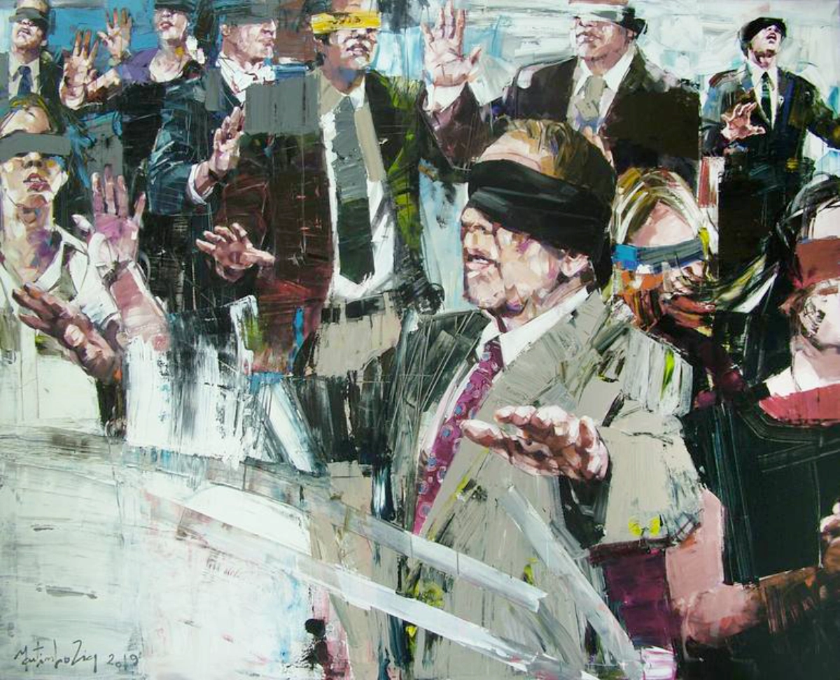 la peinture intitulée : office soldiers playing blindman's buff, réalisée par le peintre martinho dias en 2019