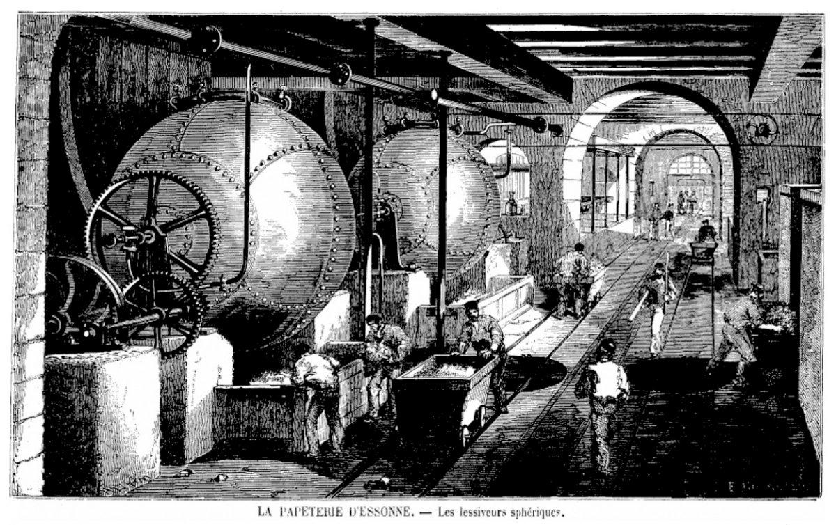 gravure intitulée : la papeterie d'essonne les lessiveuses sphériques en 1860