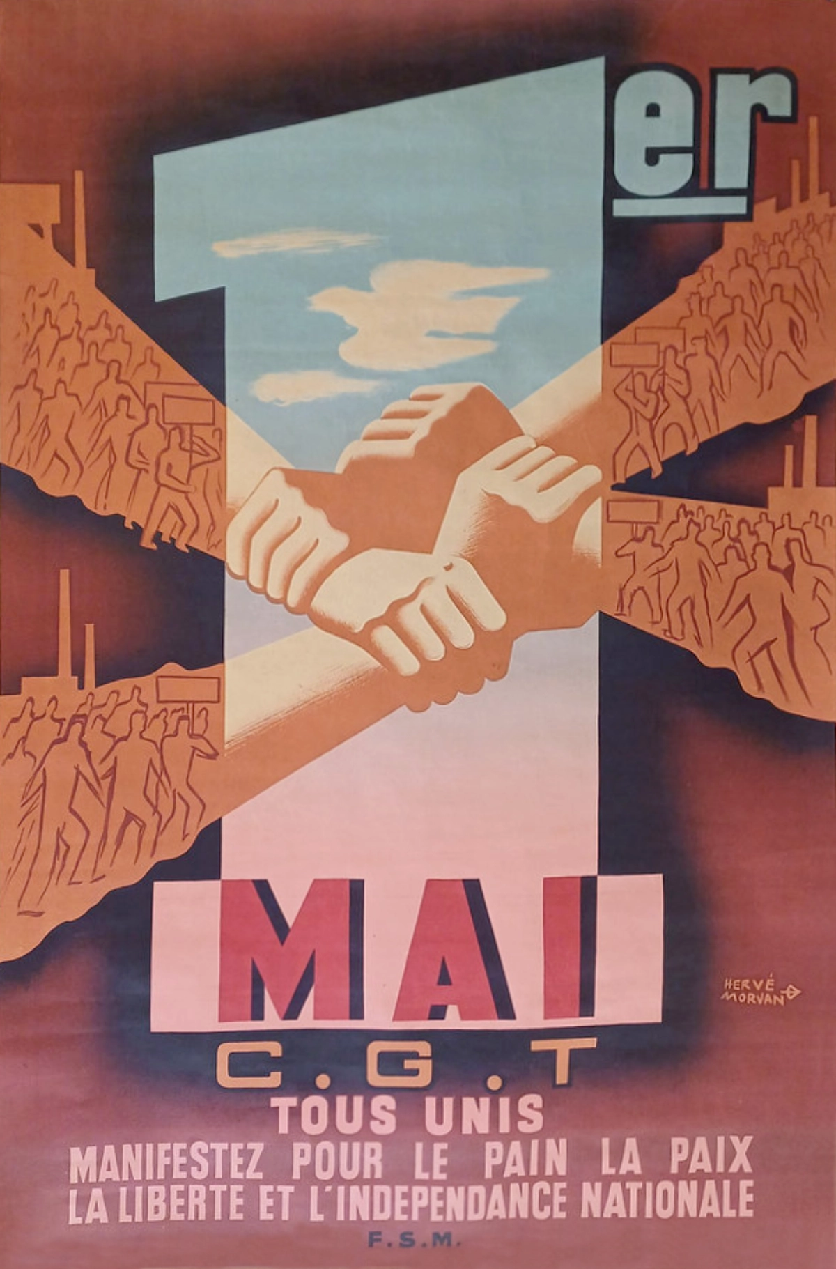 affiche intitulée : 1er mai, tous unis, manifestez pour le pain, la paix, la liberté et l’indépendance nationale, réalisée par hervé morvan en 1949