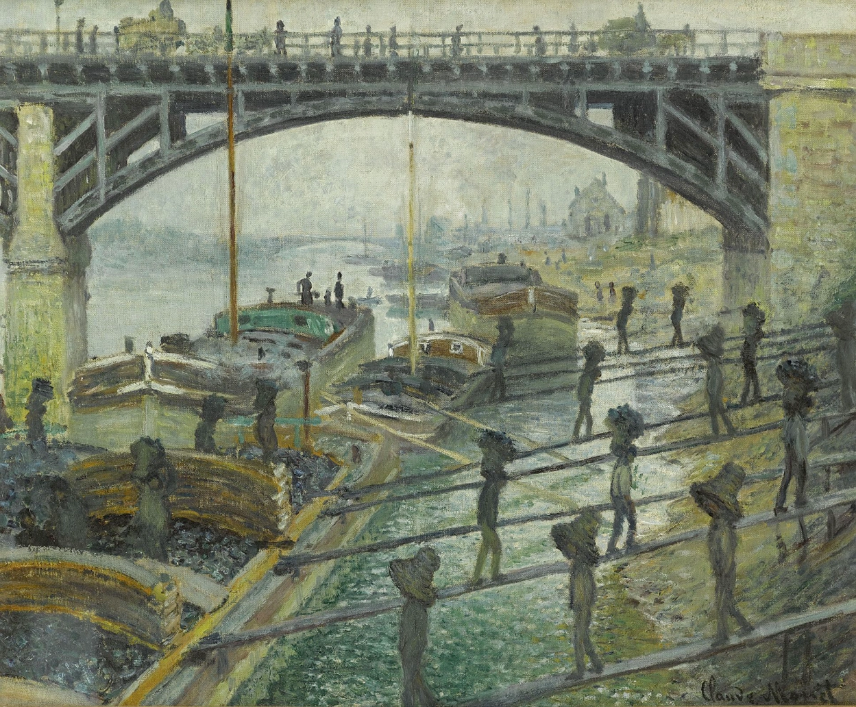 la peinture intitulée : les déchargeurs de charbon, réalisée par le peintre claude monet vers 1875