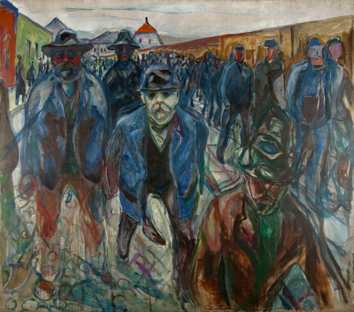 la peinture intitulée : les travailleurs rentrant chez eux, réalisée par le peintre edvard munch en 1913-1914