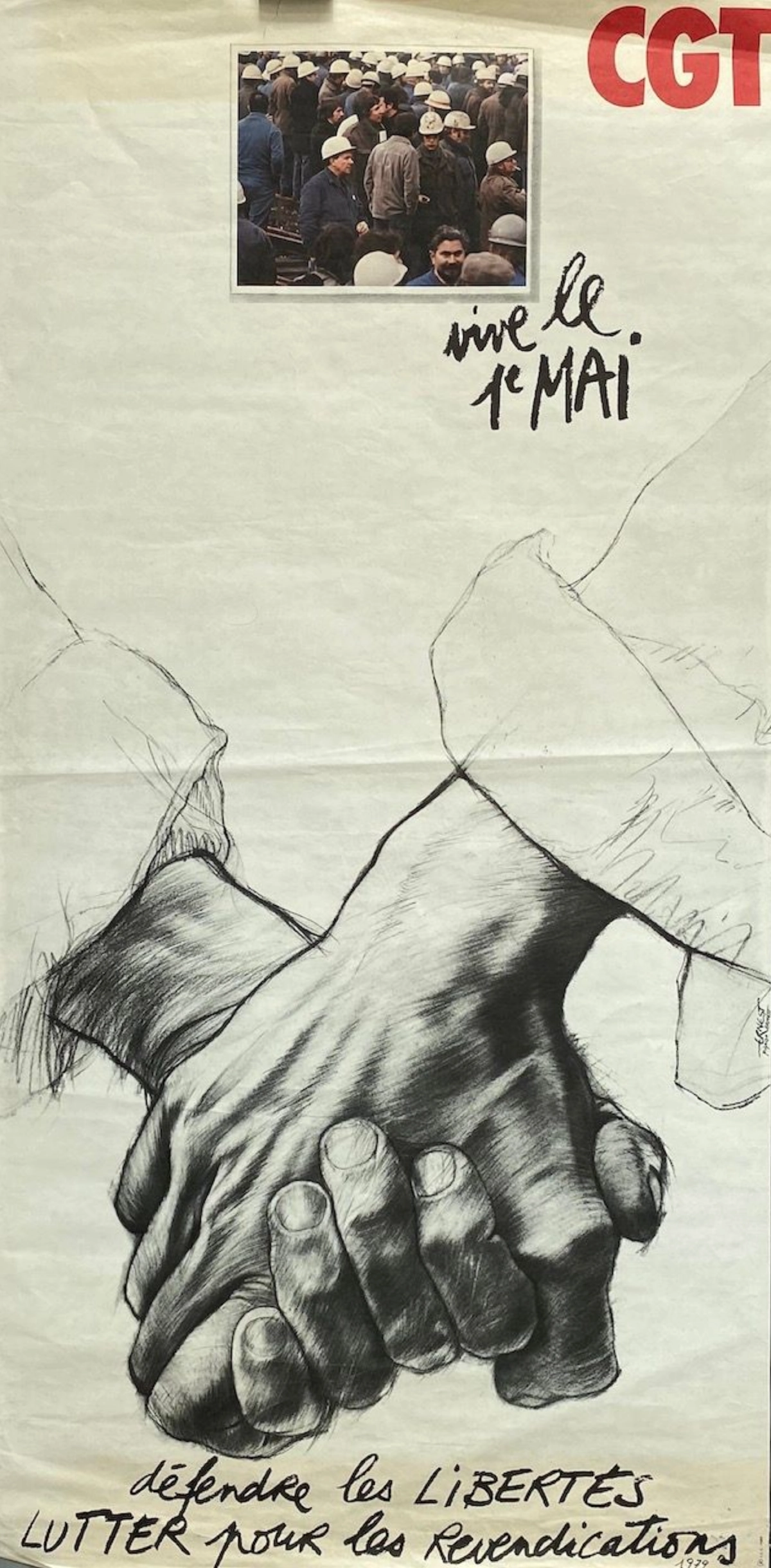 affiche intitulée : 1er mai, défendre les Libertés. lutter pour les revendications, réalisée par ernest pignon-ernest en 1979