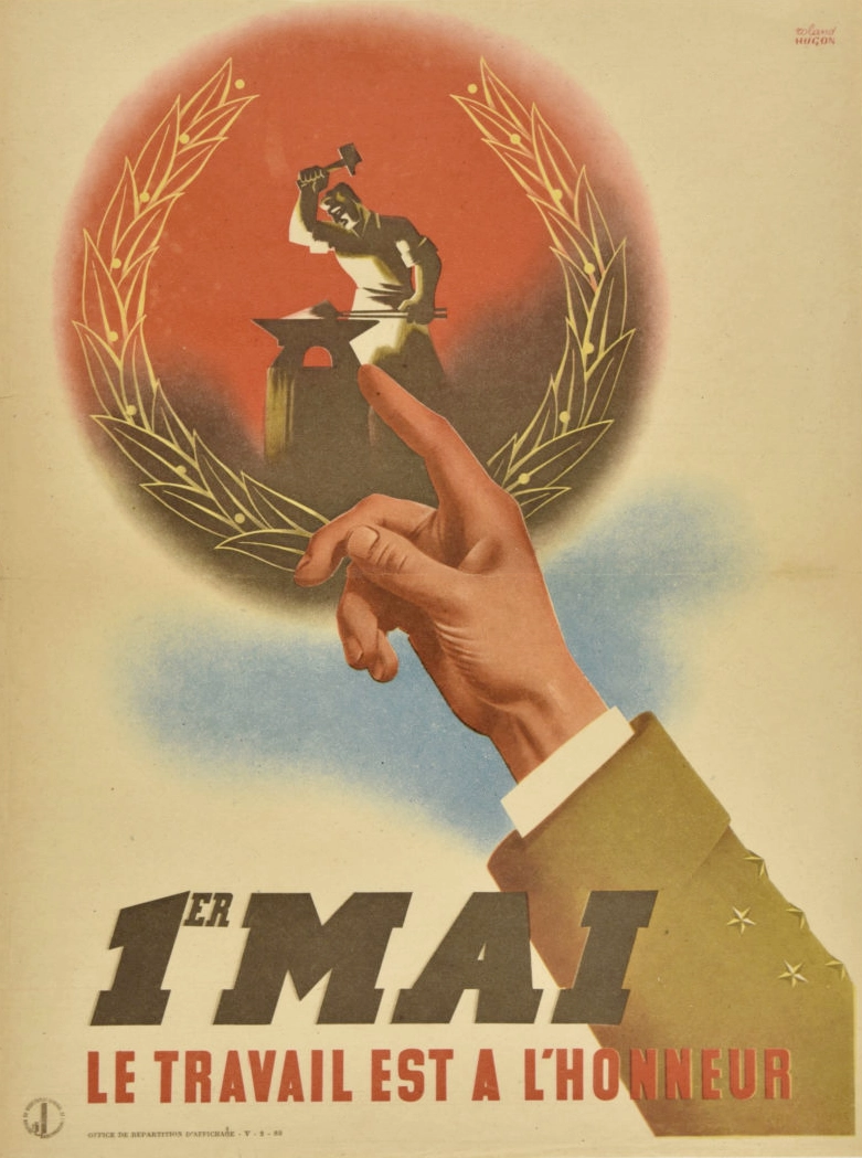 affiche intitulée : mai, le travail est à l'honneur, réalisée par roland hugon en 1941