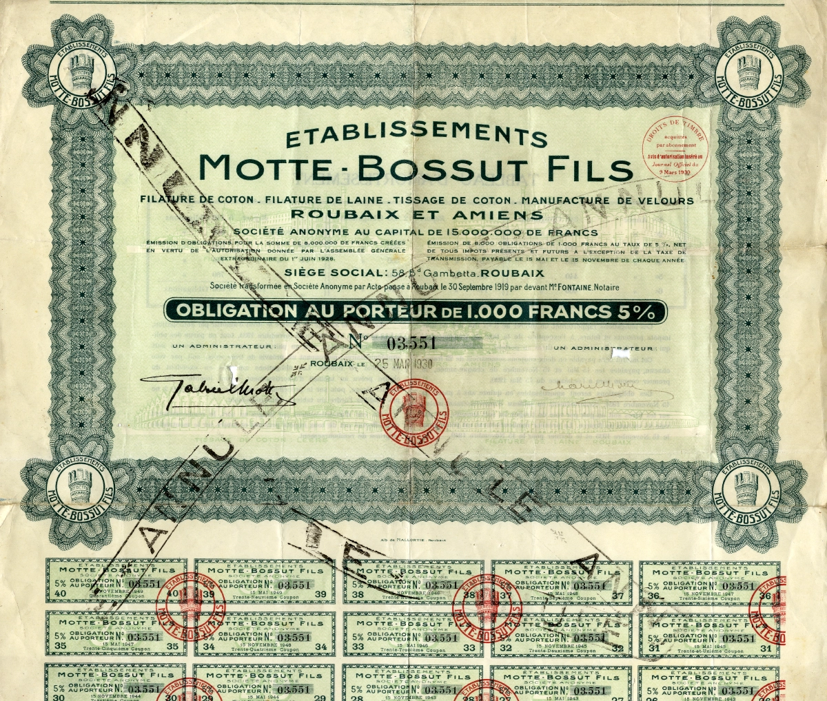 une obligation au porteur avec, sous forme d'un tampon, les prémices du logotype actuel… vers 1930