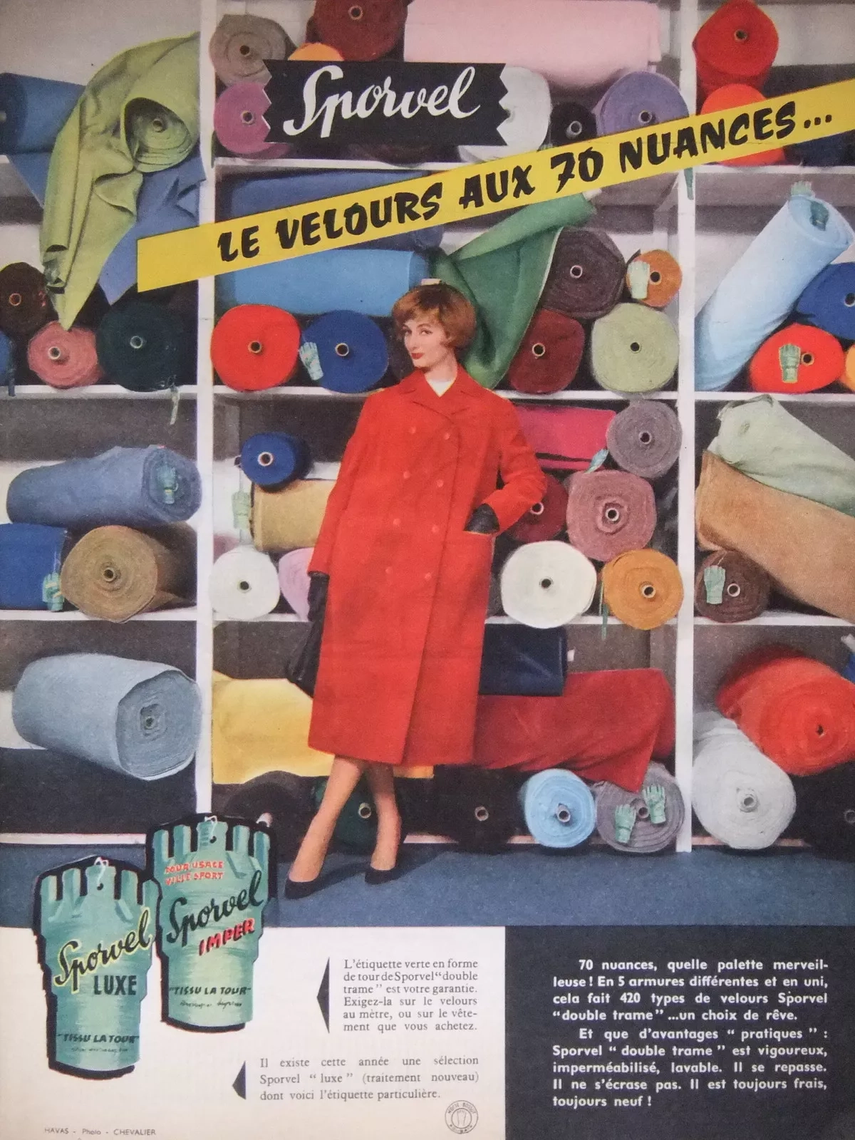 publicité Sporvel Luxe et Imper, le velours aux 70 nuances… 1957