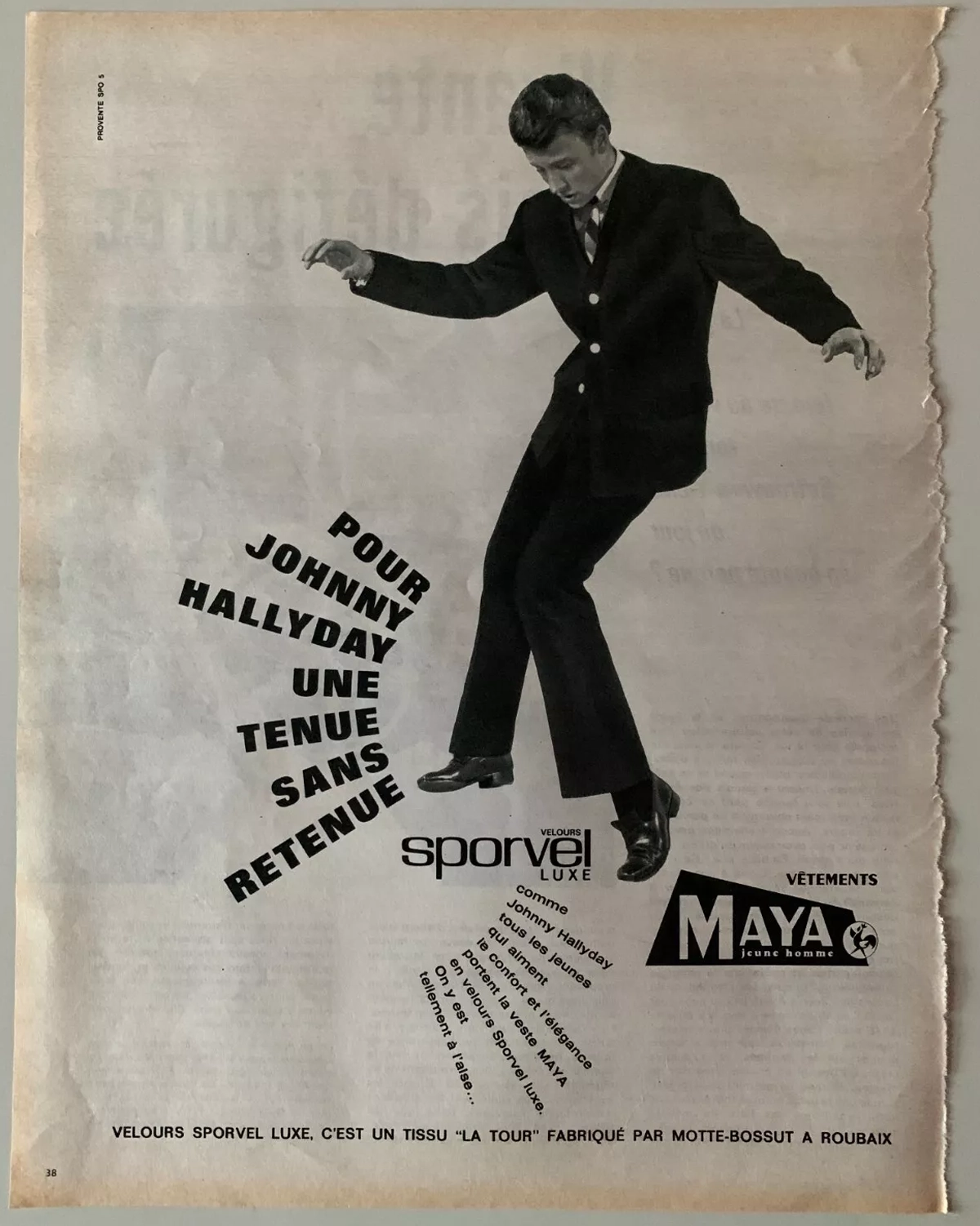 publicité velours Sporvel luxe, pour Johnny Halliday une tenue sans retenue… 1960
