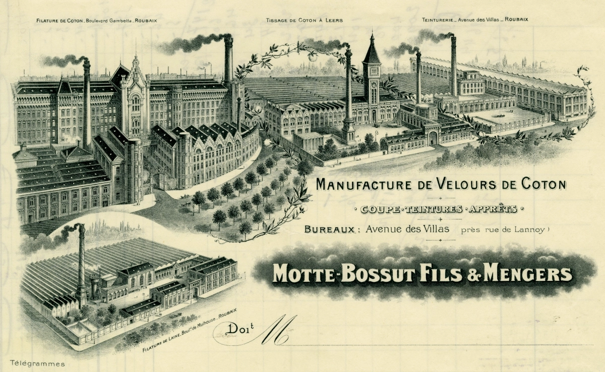 la filature de coton motte-bossut est située à gauche de l'illustration… vers 1920