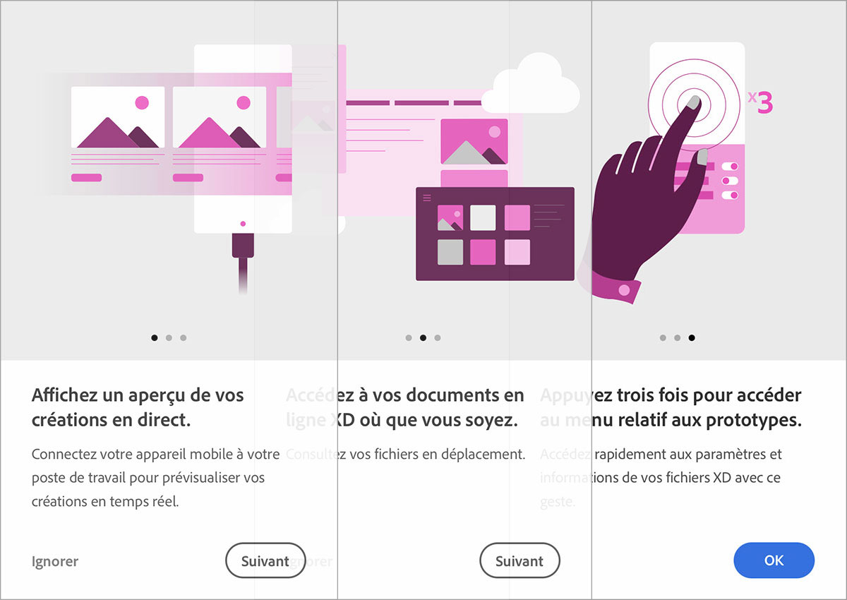 le onboarding de l'application adobe xd