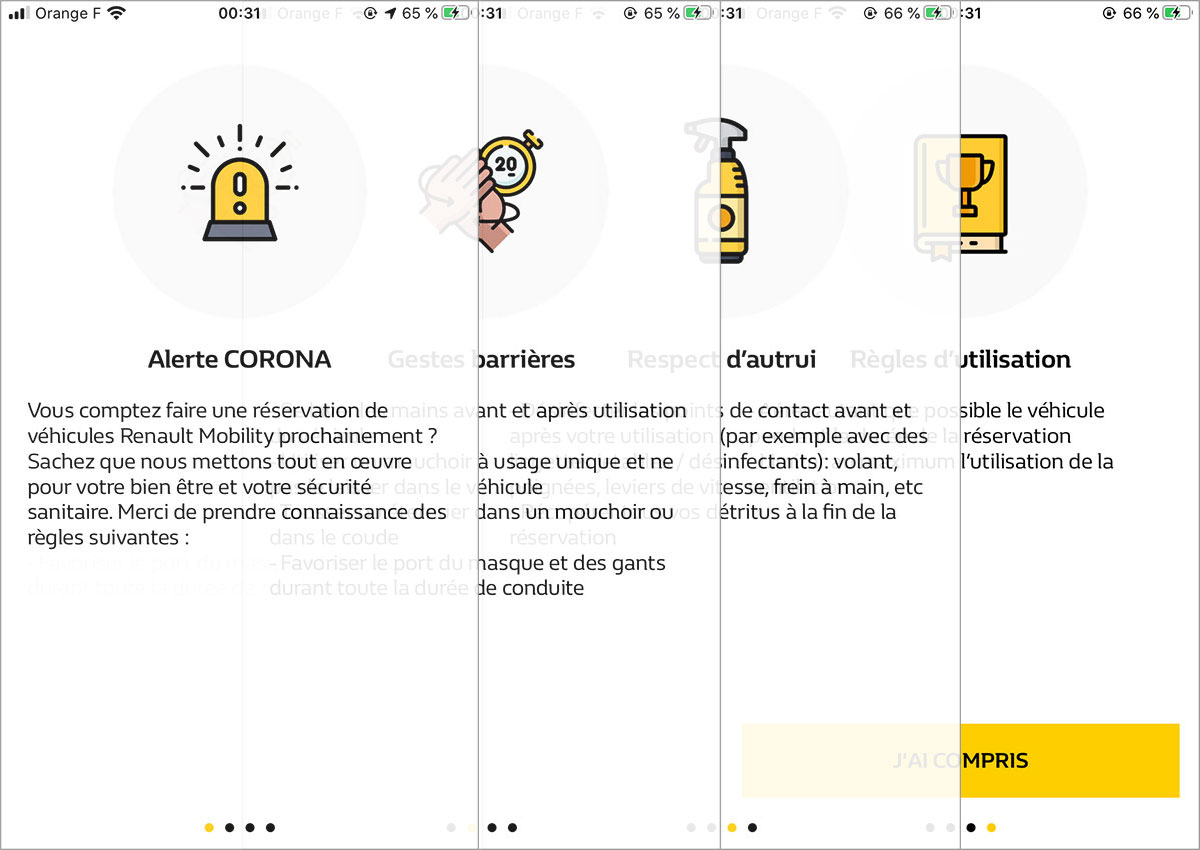 le onboarding de l'application renault mobility version 1