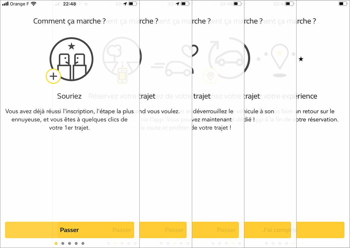 le onboarding de l'application renault mobility version 2