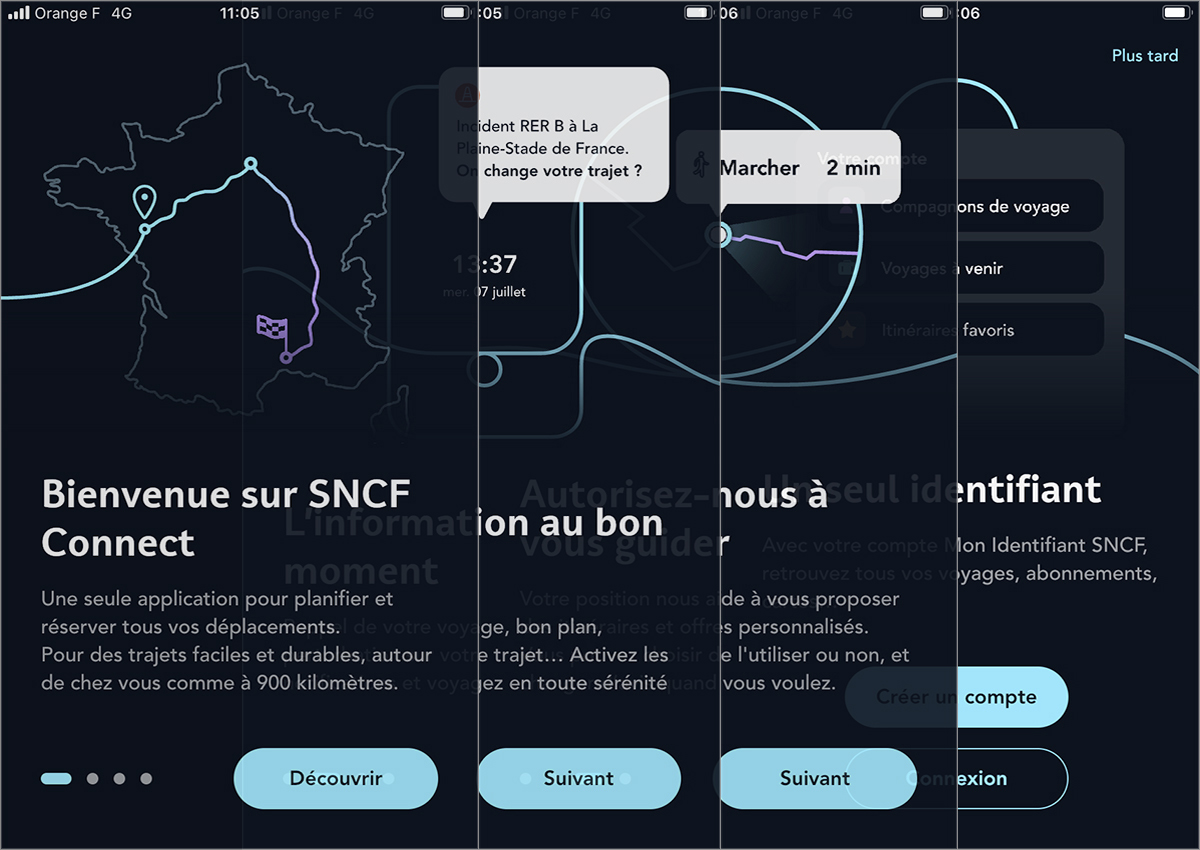 le onboarding de l'application sncf connect