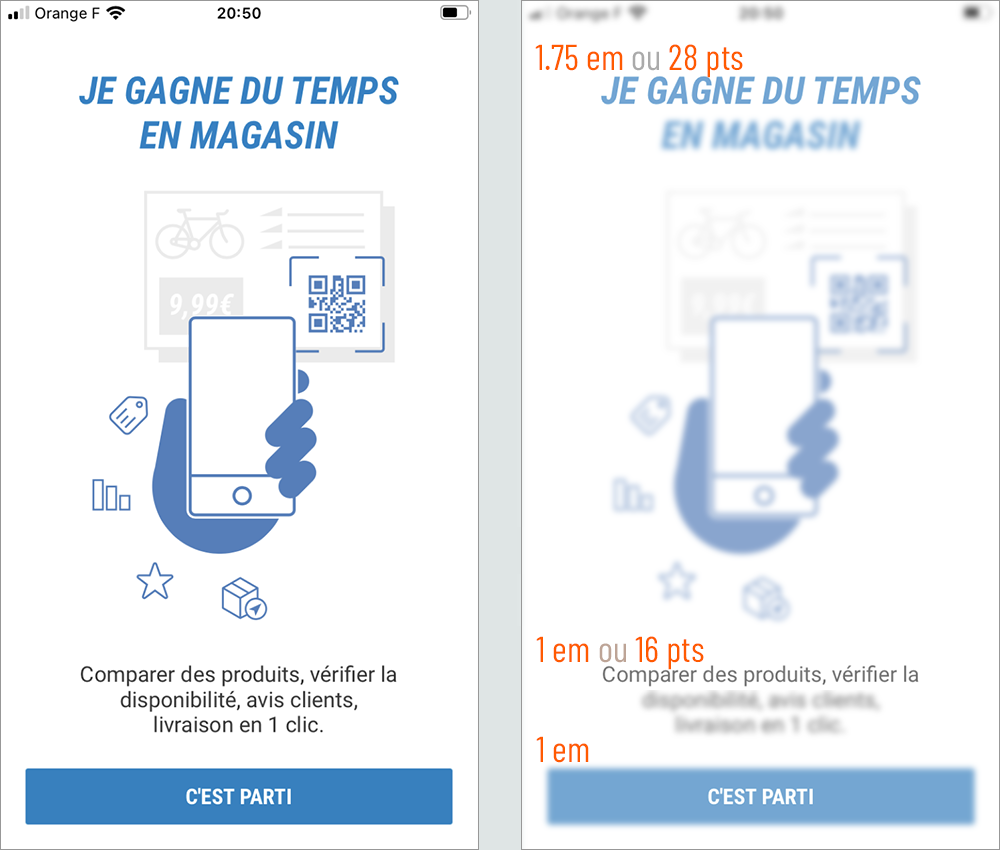 les corps typographiques dans l'application decathlon