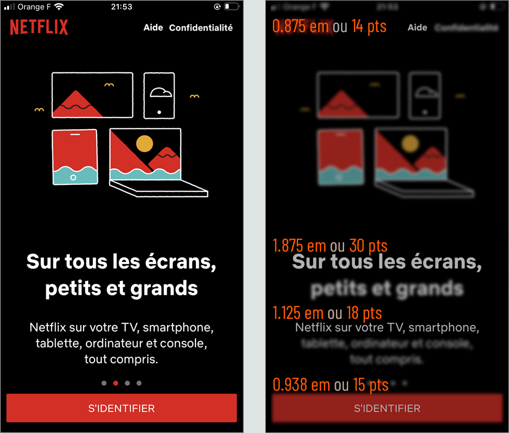 les corps typographiques dans l'application netflix