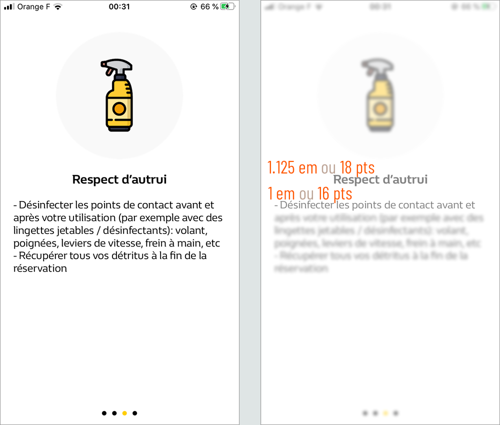 les corps typographiques dans l'application renault mobility